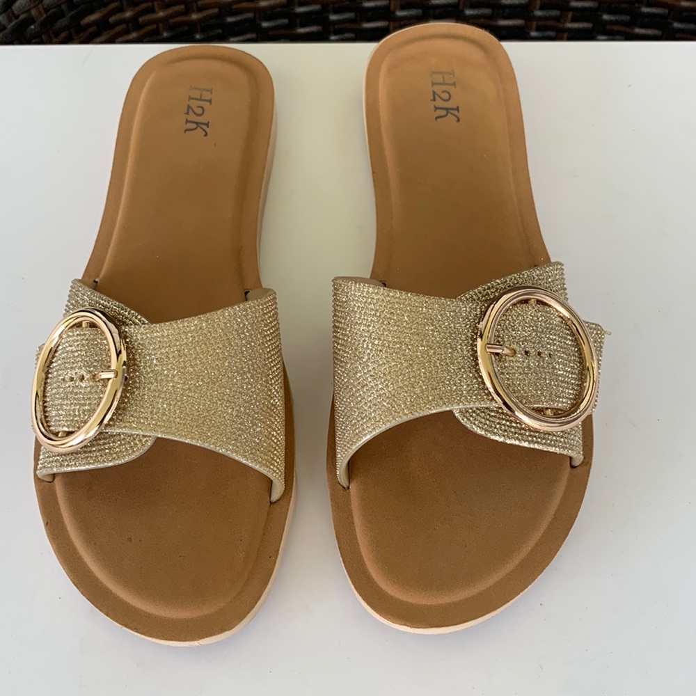 H2k Gold Sparkle Fashion Slides Flip Flops Sandals.
